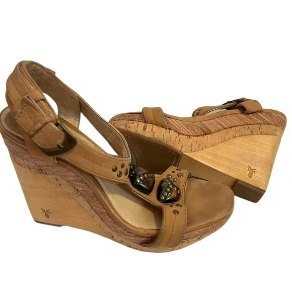 FRYE Bridget Ornament Tan Leather Wedge Sandals Shoes - Picture 2 of 6